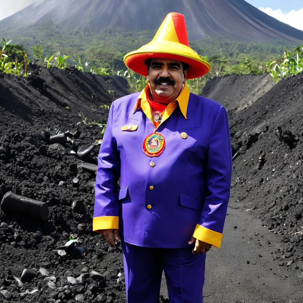 Nicolas Maduro wearing a poorly made volcano mascot costume made of recycled materials