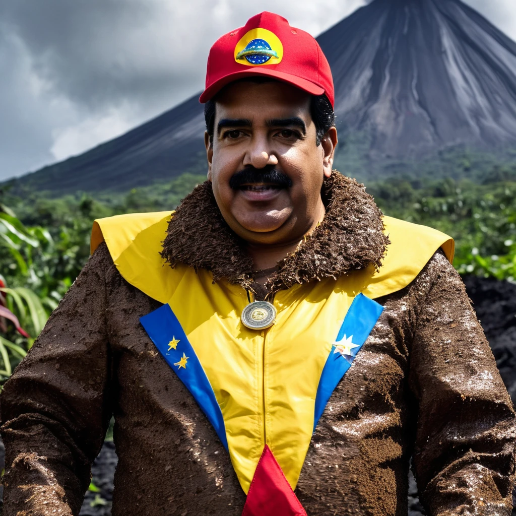 Nicolas Maduro wearing a poorly made volcano mascot costume made of recycled materials