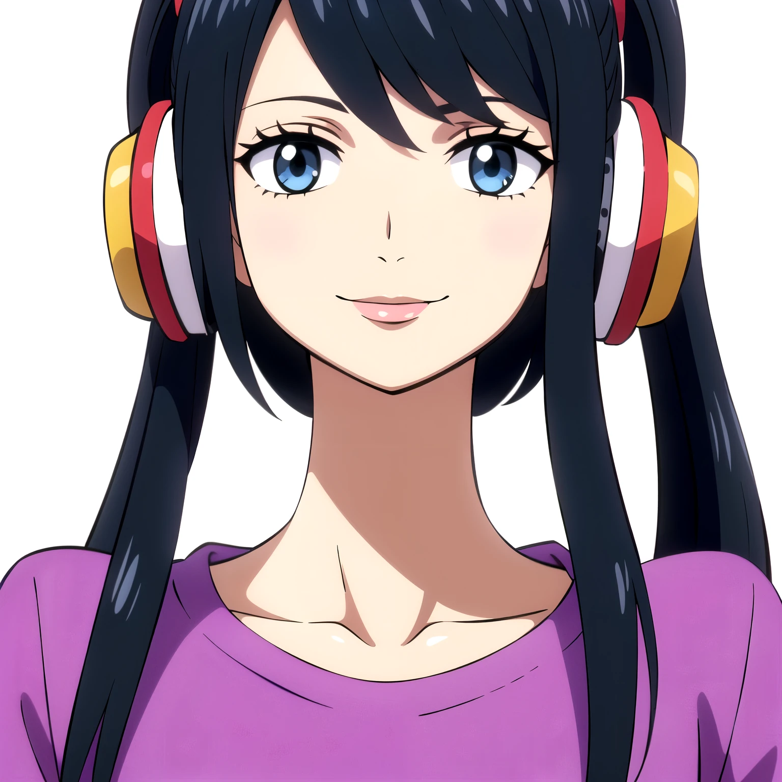 Portrait of a long black haired which is not tied, blue eyed anime girl with white and red headphones over her head. plain Purple Tshirt, smile, offwhite plain background, entire upper body, entire head,