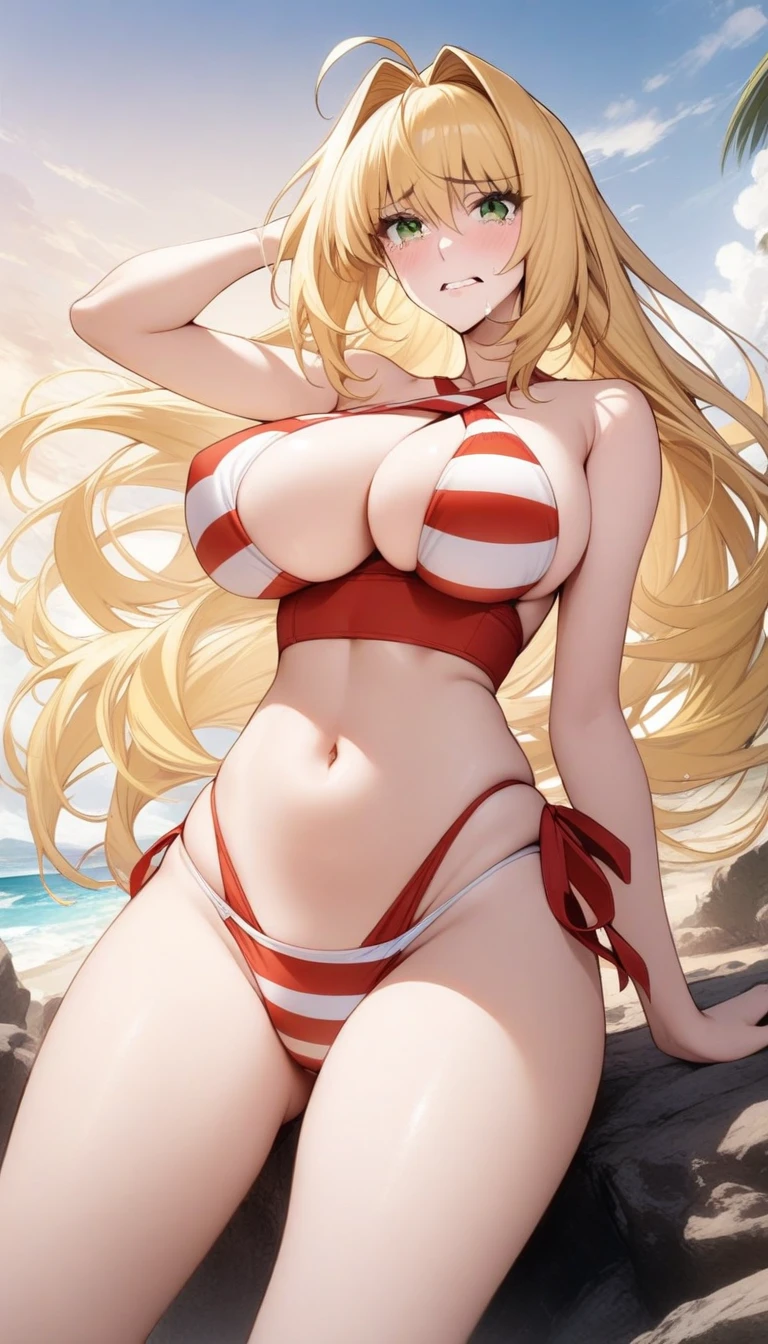 masterpiece, best quality, very aesthetic, absurdres, 1girl, mature_lady, ,1girl, nero claudius \(swimsuit caster\) \(fate\), fate/grand order, breasts, swimsuit, bikini, green eyes, blonde hair, long hair, hair intakes, striped, striped bikini, ahoge,tearing up,Chinese / Traditional Chinese,floating_hair