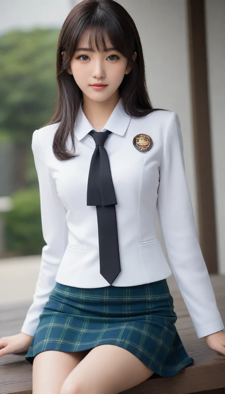 8K, Ultra-high resolution, Highest quality, masterpiece, 三分割法によるphotograph,Surreal, photograph, 1 Girl, (16 years old:1.3), pretty girl, Cute face, Beautiful eyes in every detail, 細かくdetailedに,masterpiece,One Girl:1.2, Japan Female Announcer,whole body,,glaring,Black Hair,Bob with bangs,Black Blazer Uniform,White collared blouse,The buttons on the chest are open,Plaid pencil skirt、Sharp focus、Perfect dynamic composition、Beautiful and detailed、Thin Hair、Detailed real skin texture、smile,Model Body Type,Beautiful leg line beauty,Looking at the audience、beauty,Long neck、(((Ideal body type))),A cup small breasts :2,、Portraiture:2、Perfect Anatomy、なdetailed、detailed、Surreal、Light and shadow,Strong light