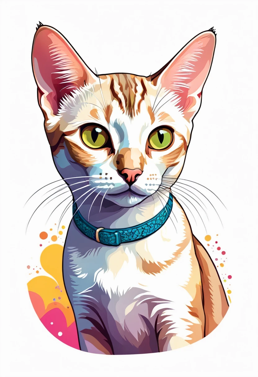 A t-shirt with graphic design art, flat illustration of an Oriental breed cat, cuddly, colorful tones, highly detailed cleanliness, imagem vectorial, photorealistic masterpiece, professional photograpy, plain white background, isometric, Vibrant, vector