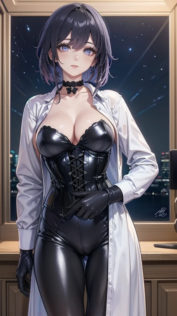 Masterpiece, Beautiful art, professional artist, 8k, Very detailed face, Detailed clothing, detailed fabric, 1 girl, Soul Fullness \(Honkai Impact 3rd\), front view, standing, big breasts, perfectly drawn body, shy expression, pale skin, beautiful face, short dark blue hair, 4k eyes, very detailed eyes, pink cheeks, choker:1.6, (white long sleeve button down shirt with white collar), black gloves, gloves that cover hands, (black leather corset), (shiny black leggings), Sensual Lips , winter night, show details in the eyes, looking at the viewer, elegant room, at night