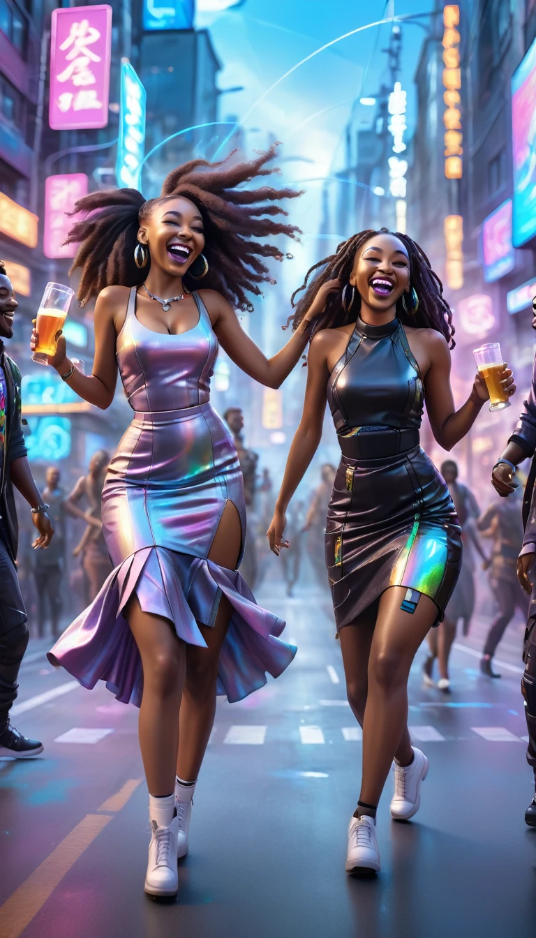 adult BLACK people dressed in urban clothes, plain dresses, In an urban landscape and holographic signs、HAPPY DANCING on the road. are drinking and laughing, The background is modern and cyberpunk, high tech vibe. Lovely Digital Painting, 3D rendering, Bright lighting, swirly vibrant colors. adult people, BEAUTIFUL black people, long hair