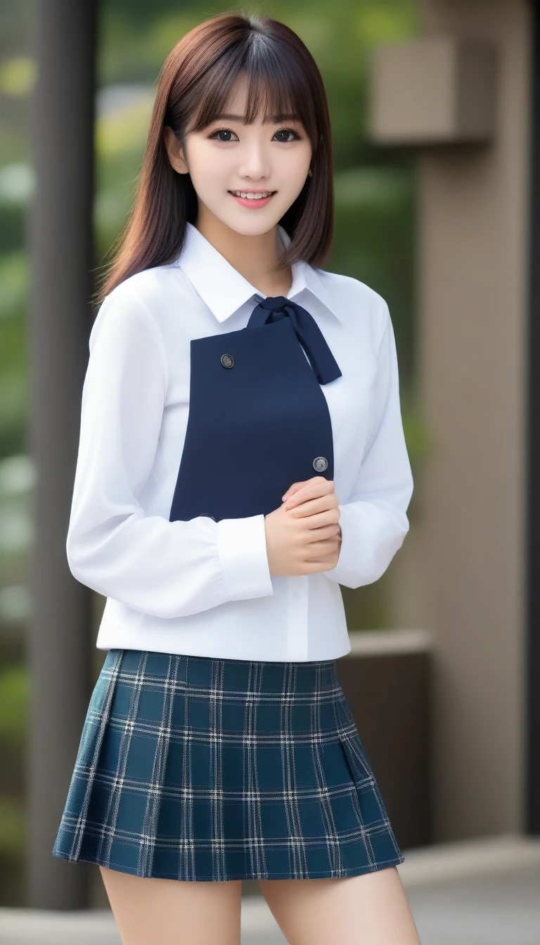 8K, Ultra-high resolution, Highest quality, masterpiece, 三分割法によるphotograph,Surreal, photograph, 1 Girl, (:1.3), pretty girl, Cute face, Beautiful eyes in every detail, 細かくdetailedに,masterpiece,One Girl:1.2, Japan Female Announcer,whole body,,glaring,Black Hair,Bob with bangs,Black Blazer Uniform,White collared blouse,The buttons on the chest are open,Plaid pencil skirt、Sharp focus、Perfect dynamic composition、Beautiful and detailed、Thin Hair、Detailed real skin texture、smile,Model Body Type,Beautiful leg line beauty,Looking at the audience、beauty,Long neck、(((Ideal body type))),A cup small breasts :2,、Portraiture:2、Perfect Anatomy、なdetailed、detailed、Surreal、Light and shadow,Strong light