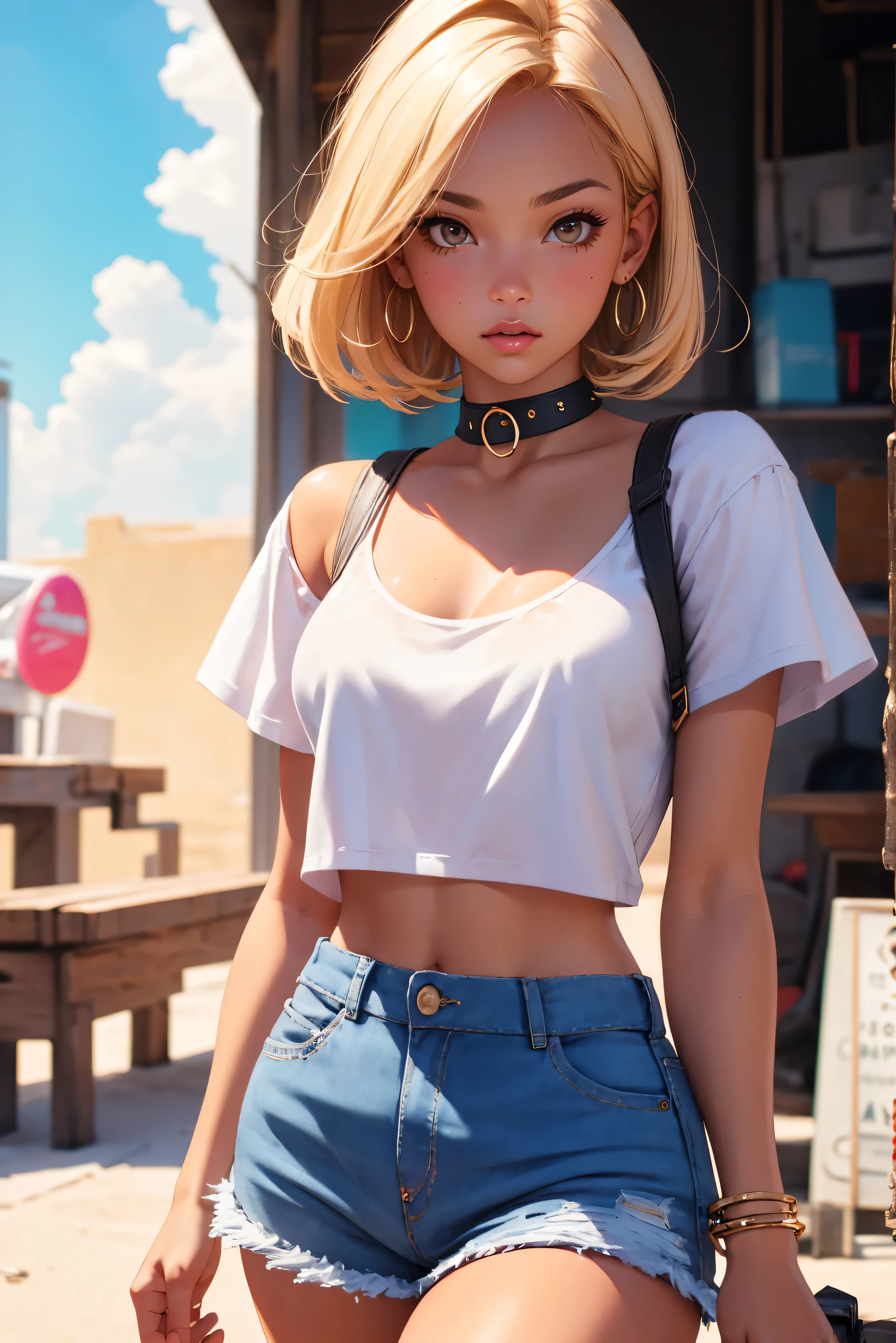 age girl-model 18 years old, hot slave naughty girl, beautiful, too much tanned, blonde, bob hair, bangs, brown eyes, beautiful figure, girl wearing crop shirt and too much short mini shorts, beautiful too much long legs, slave bracelets, slave choker, manicure, cute makeup, flirtatiously posing, hot summer, hot flirty, sexy posing, summer outfit, top quality, higest quality, pin-up style, retro 80s style, Daisy Dukes style, Miami vibes, Californian