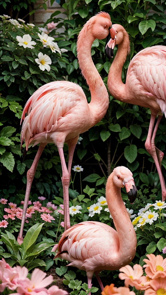 Summer garden with bright flowers, close-up against the background of two pink flamingos 