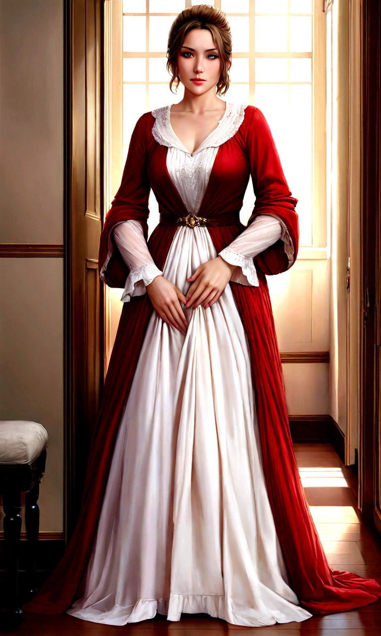 (dakimakura):1.1, Beautiful and confident middle-aged woman, Standing with confidence, Look forward, With stylish hairstyle, Fluid movement, elegant, Dress appropriately, Hand in Hand with Nature, Inside the room [Realistic,photoRealistic:1.37], Professional Lighting, Vibrant colors