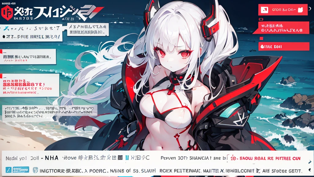 1 girl, white skin, silver hair, red eyes, black bikini, beach, sea, best quality, Line draft, highres, (ultra-detailed:1.1), (illustration:1.1), (infographic:1.2), (solo), perfectly drawn hands