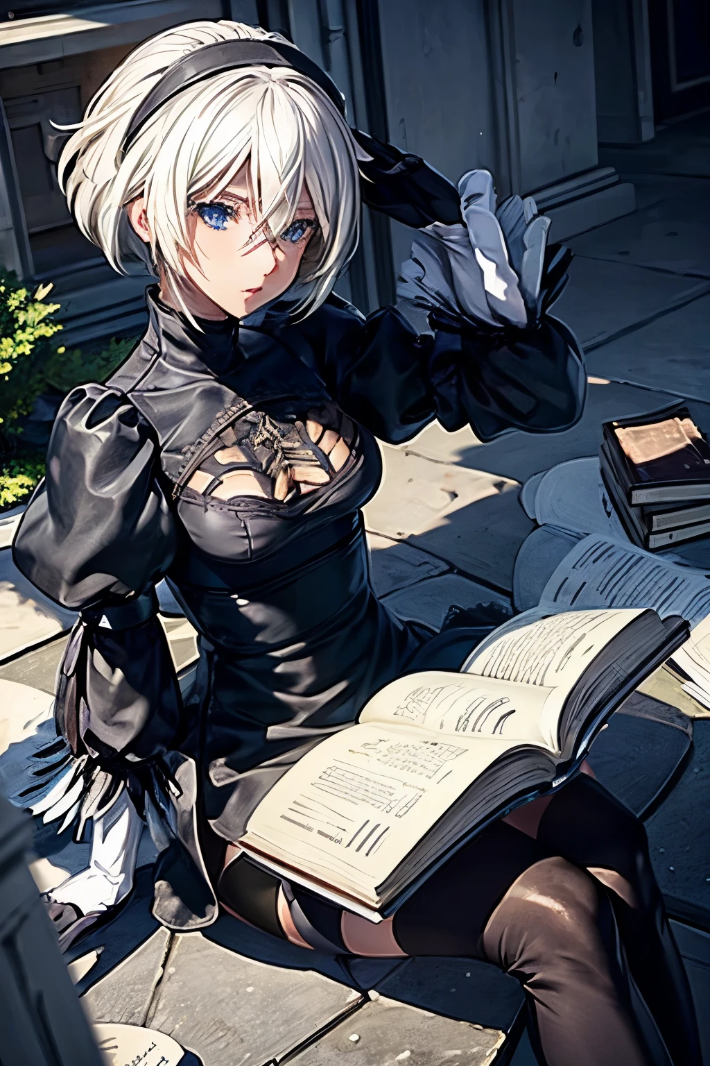 2B. Beautiful girl with white hair. Blue eyes. reading a book. She is in a school