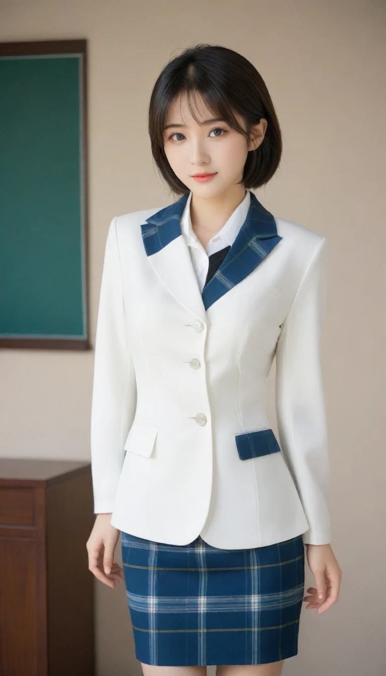 8K, Ultra-high resolution, Highest quality, masterpiece, 三分割法によるphotograph,Surreal, photograph, 1 Girl, (16 years old:1.3), pretty girl, Cute face, Beautiful eyes in every detail, 細かくdetailedに,masterpiece,One Girl:1.2, Japan Female Announcer,whole body,,glaring,Black Hair,Bob with bangs,Black Blazer Uniform,White collared blouse,The buttons on the chest are open,Plaid pencil skirt、Sharp focus、Perfect dynamic composition、Beautiful and detailed、Thin Hair、Detailed real skin texture、smile,Model Body Type,Beautiful leg line beauty,Looking at the audience、beauty,Long neck、(((Ideal body type))),A cup small breasts :2,、Portraiture:2、Perfect Anatomy、なdetailed、detailed、Surreal、Light and shadow,Strong light