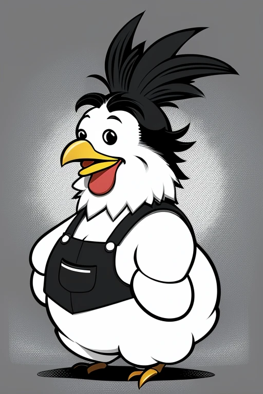 Chicken cartoon image, Anthropomorphic chicken, Left three-quarter view, Smiling expression, The comb on the head should be small, No background, big breasts slightly fat, Have black hair, hair pulled back, anime, multiple monochrome, high quality