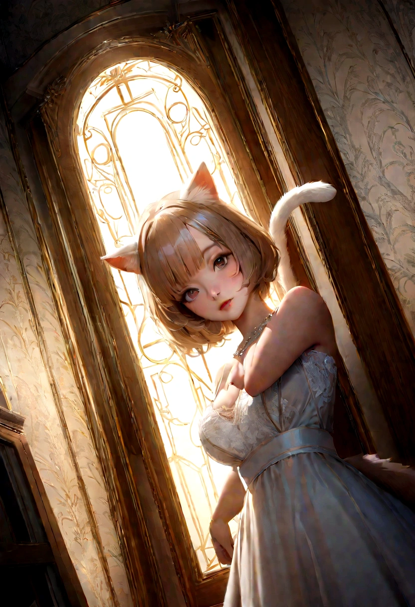 female\((beautiful, fur white, Cat Mimi), fur\(White\), Hair\(White, detailed, bright\), Eyes\(greens\), cat ears\(whites\), Cat&#39;s tail\(white\), dress\(red, very short, sensual\)\) quality\(8k, wallpaper of extremely detailed CG unit, Masterpiece, high resolution, top-quality, top-quality real texture fur, hyperrealistic, increase resolution, RAW Photos, la mejor quality, highly detailed, The wallpaper, cinematic lighting, ray trace, golden ratio\), \(dynamic angle\), \(closeup of face\), looking at the viewer, from below