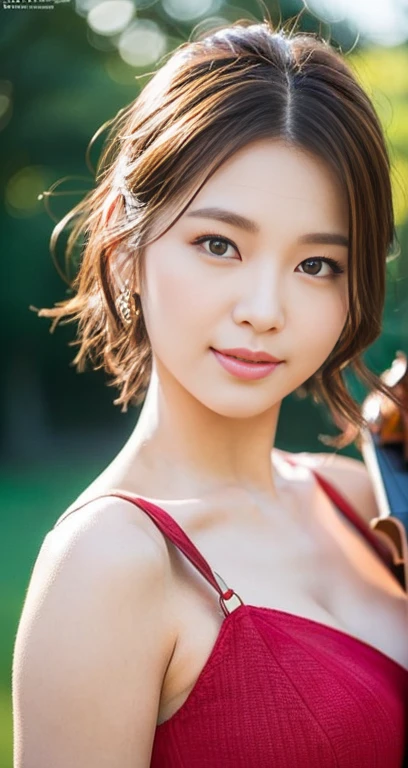 (a gorgeous korean lady, age 28, posing with the violin, wearing a red dress with timeless_elegance , in music hall. she has dimpled cheeks, kind friendly smile, cute snaggle-tooth, short_hair_ponytail, realistic symmetrical face, beautiful detailed face, beautiful detailed eyes, ample_round_bosom, photorealistic, hyper-realism, high contrast, ultra HD, realistic skin textures, top image quality, top-quality, super high resolution, fine details, very meticulously, masterpiece, head_to_knees, the_Cowboy_shot, romantic_vibes, bokeh_background, serene_ambience) #CanonInD