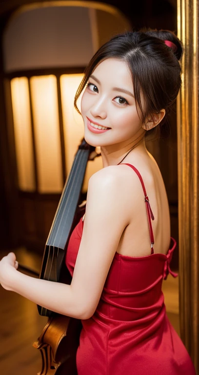 (a gorgeous korean lady, age 28, posing with the violin, wearing a red dress with timeless_elegance , in music hall. she has dimpled cheeks, kind friendly smile, cute snaggle-tooth, short_hair_ponytail, realistic symmetrical face, beautiful detailed face, beautiful detailed eyes, ample_round_bosom, photorealistic, hyper-realism, high contrast, ultra HD, realistic skin textures, top image quality, top-quality, super high resolution, fine details, very meticulously, masterpiece, head_to_knees, the_Cowboy_shot, romantic_vibes, bokeh_background, serene_ambience) #CanonInD