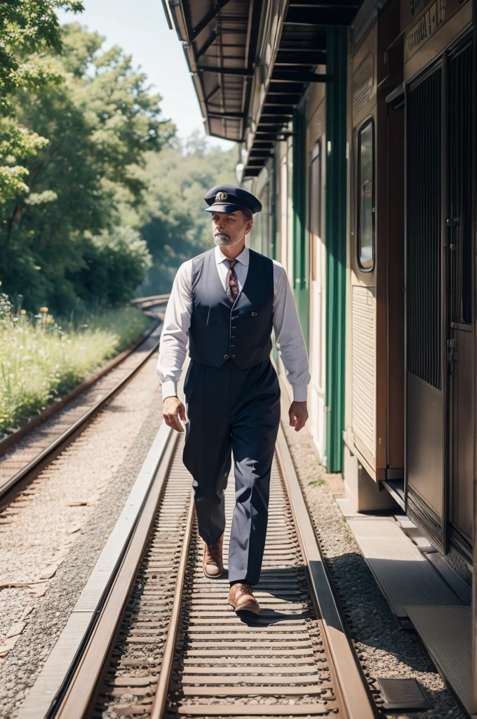 A man in a train outfit walking along a path