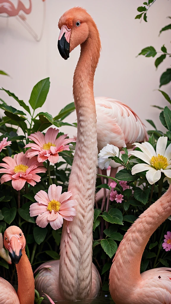 Summer garden with bright flowers, closeup of a pink flamingo background