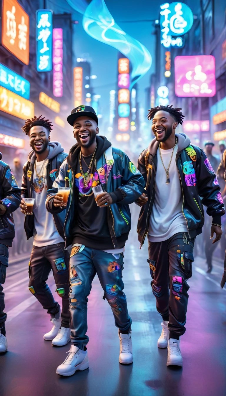 Adult BLACK men dressed in urban clothing, In an urban landscape and holographic signs、HAPPY DANCING on the road. are drinking and laughing, The background is modern and cyberpunk, high tech vibe. Lovely Digital Painting, 3D rendering, Bright lighting, swirly vibrant colors. adult people, BEAUTIFUL black people, different faces.