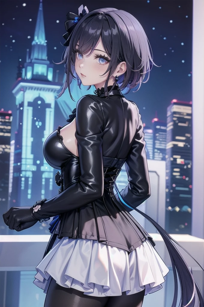 Masterpiece, Beautiful art, professional artist, 8k, Very detailed face, Detailed clothing, detailed fabric, 1 girl, Soul Fullness \(Honkai Impact 3rd\), view from behind, perfect ass, standing, big breasts, perfectly drawn body, shy expression, pale skin, beautiful face, short dark blue hair, 4k eyes, very detailed eyes, pink cheeks, choker:1.6, (white long sleeve button down shirt with white collar), black gloves, gloves that cover hands, (black leather corset), (shiny black leggings), Sensual Lips , winter night, show details in the eyes, looking at the viewer, City, at night