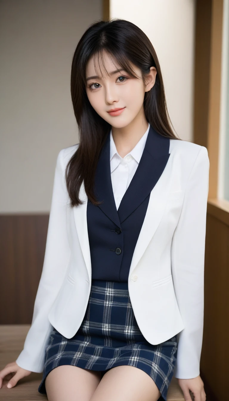 8K, Ultra-high resolution, Highest quality, masterpiece, 三分割法によるphotograph,Surreal, photograph, 1 Girl, (:1.3), pretty girl, Cute face, Beautiful eyes in every detail, 細かくdetailedに,masterpiece,One Girl:1.2, Japan Female Announcer,whole body,,glaring,Black Hair,Bob with bangs,Black Blazer Uniform,White collared blouse,The buttons on the chest are open,Plaid pencil skirt、Sharp focus、Perfect dynamic composition、Beautiful and detailed、Thin Hair、Detailed real skin texture、smile,Model Body Type,Beautiful leg line beauty,Looking at the audience、beauty,Long neck、(((Ideal body type))),A cup small breasts :2,、Portraiture:2、Perfect Anatomy、なdetailed、detailed、Surreal、Light and shadow,Strong light