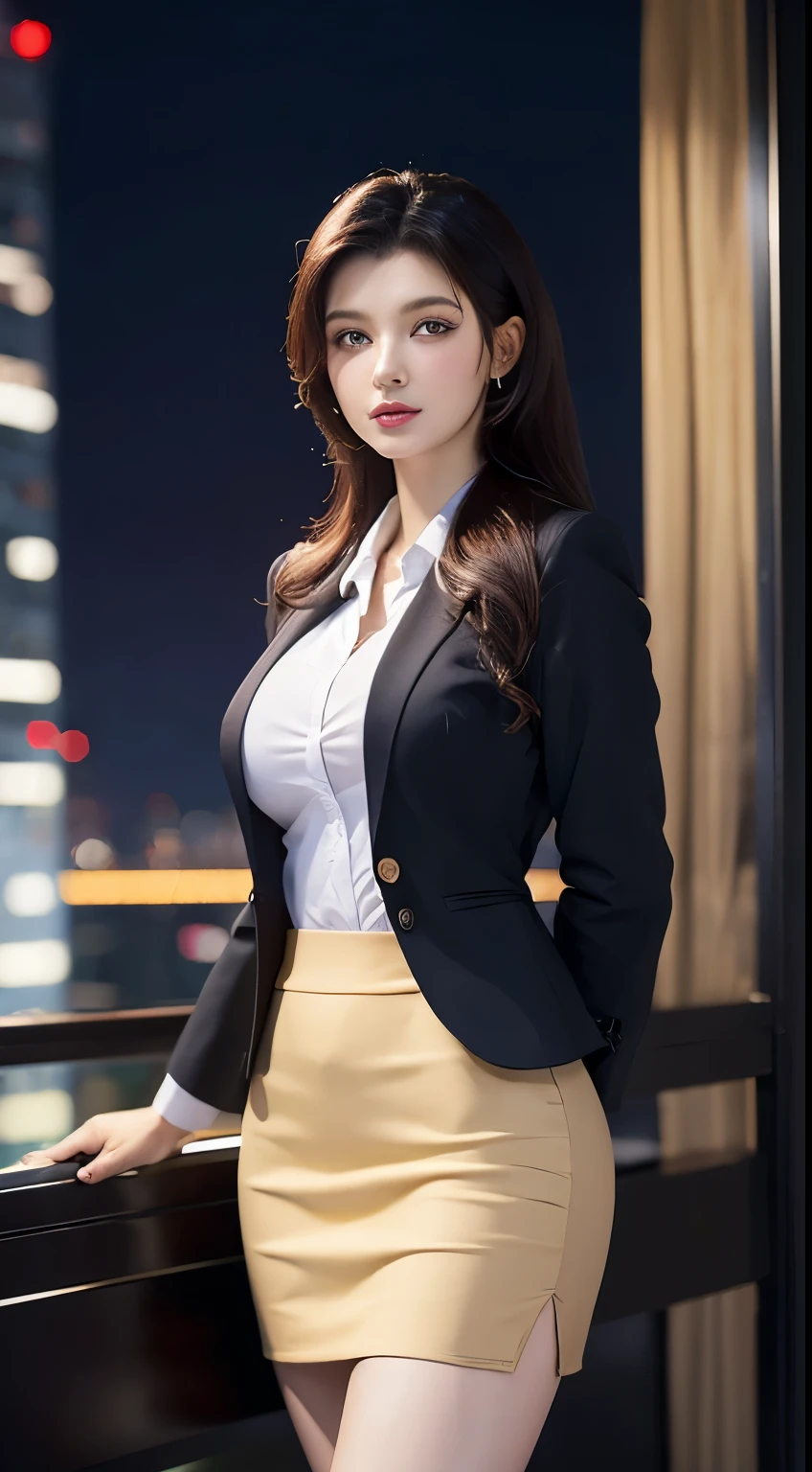 (1girl in), Beautiful, Amazing face and eyes, makeup, (extremely detailed beautiful face), (The sexiest look), (Beautiful big breasts:1.1), (Best Quality:1.4), (Ultra-detailed), (extremely detailed CG unified 8k wallpaper), Highly detailed, RAW Photos, Professional Photography, ((Business Suit)), (Tight skirt), (Business shirt with open), Outdoors, (Business District, nightcity, illuminations), (nigh sky), depth of fields,