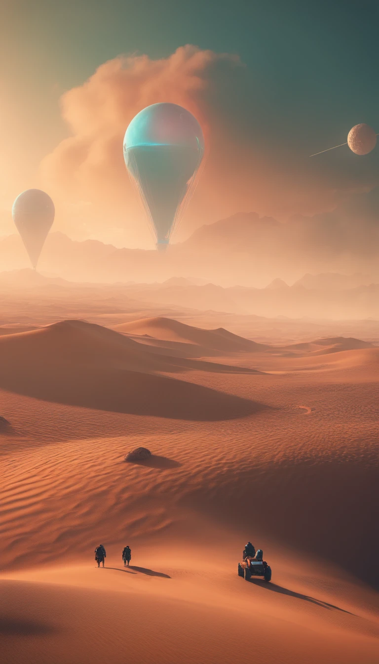 un grupo de planetas flotando en el cielo sobre un desierto, Beeple!!, Beeple masterpiece, Beeple artwork, Beeple art, Beeple colors, artgem and Beeple masterpiece, greg Beeple, in style of Beeple, Beeple |, por Beeple, style hybrid mix of Beeple