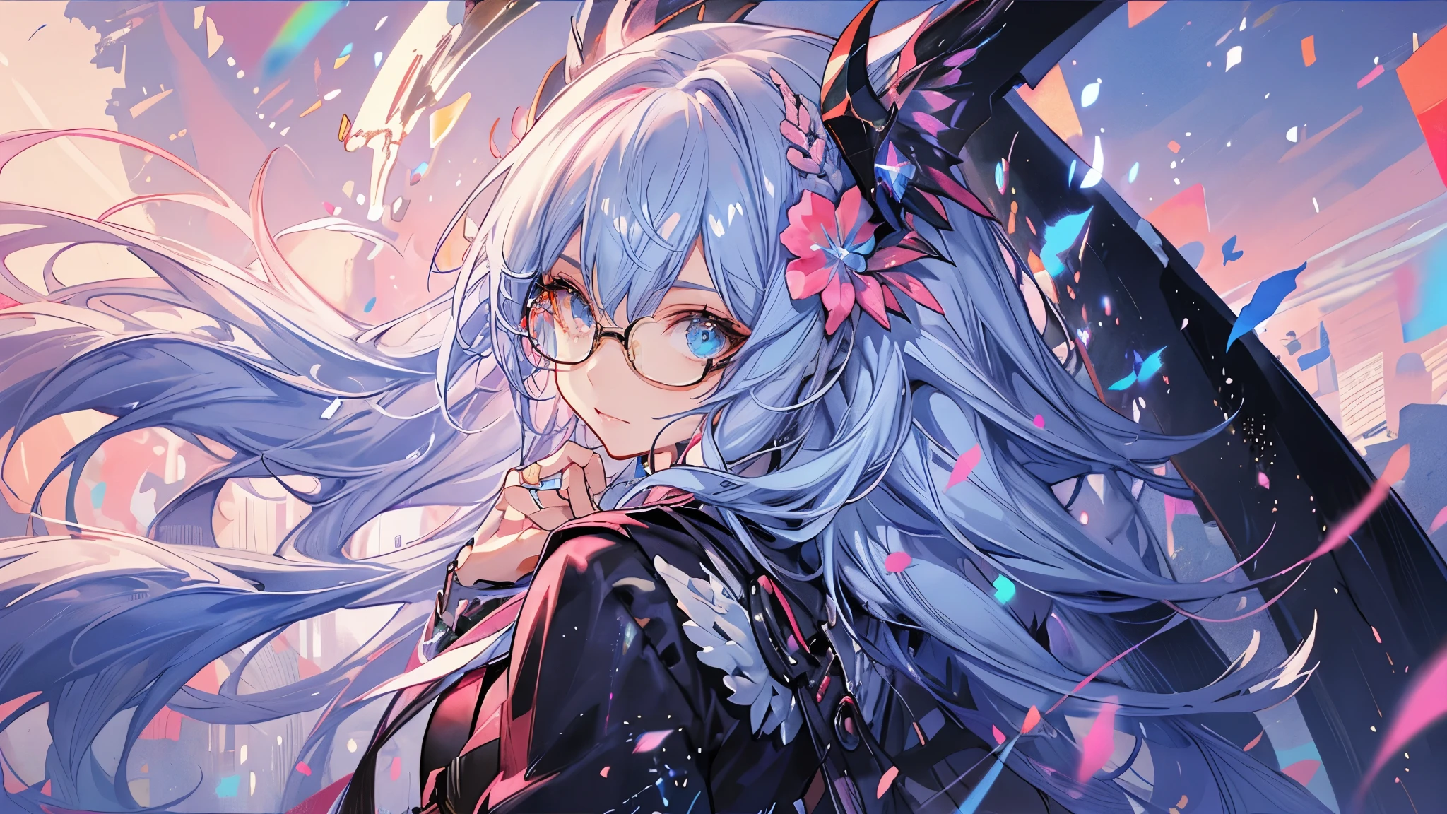 (Masterpiece ,、maximum quality、maximum quality、watercolor art(during)、Official Art、beautiful and aesthetic:1.2)、(1 girl:1.3)、(fractal art:1.3)、whole body、pupilas en forma de Star,、pattern、((Iridescent hair、colorful hair、half blue and half pink hair:1.2))、water、liquid、clouds、showy、noche Starda、Star、angry face、glasses、Write、heterochromia, (showy:1.5)、galaxiairando las Stars、anger
