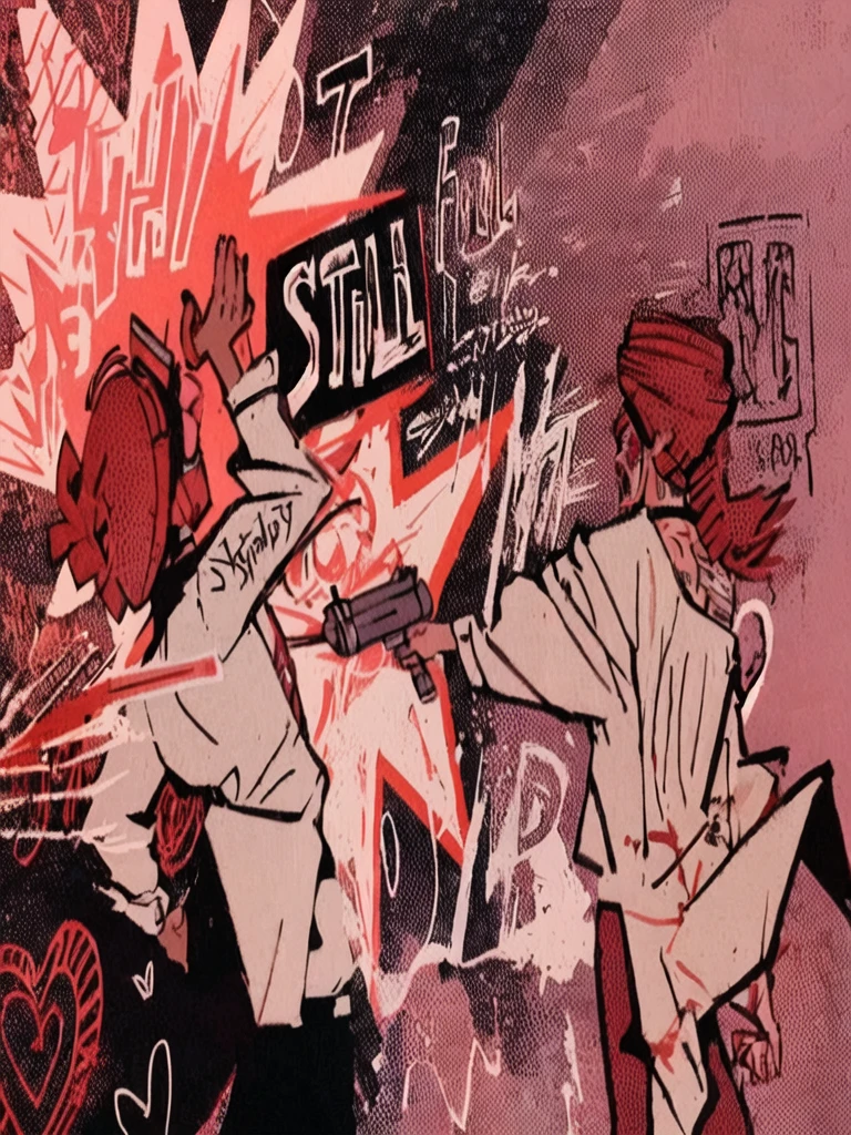 Graffiti on a wall with a man holding a sign and a woman holding a microphone., still animated, in the style of Sachin Teng, cowboy bebop art style, Hyper detailed illustration, stylized graphic novel, Kill the prey illustration, akira's art style, Sachin Teng, video game still, amazing detailed art style, very coherent stylized artwork, stylized comic art, still animation