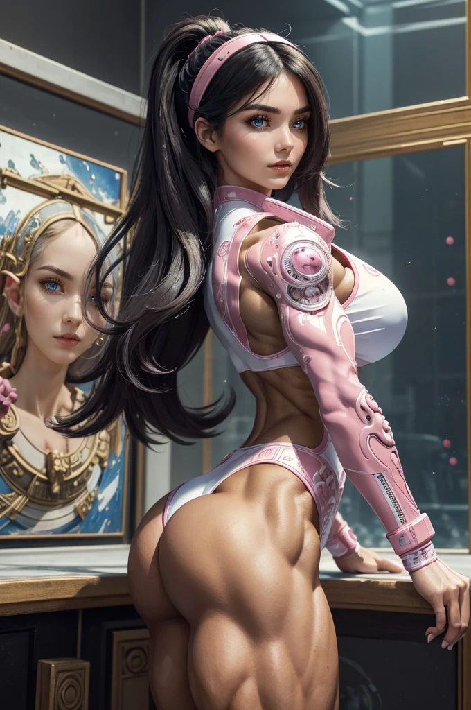(best lighting) , (super-complex details) , 4K unified, (super-detailed CG: 1.2) , (8K: 1.2),(original), (masterpiece) , (best quality),(Masterpiece:1.4),Anime-ish high quality,(masterpiece),masterpiece, best quality, absurdres,((Masterpeace, 4k, 8k, highres)),(masterpiece), (best quality), (ultra-detailed), (an extremely delicate and beautiful), ((cowboy shot)), 1 woman, Yoru, beautiful face, detailed face, red eyes, scar on the cheek, long hair, black hair, , white shirt, black tie, dynamic pose, looking at viewer, on a aquarium, fish tank behind her, algae, marine life, blurred bottom, female focus, depth of field, full HD, high definition, high resolution , ((body builder:1.5)),temple background,(beautiful bace),(girl),(female),(((upper body:1))),from front,close portrait, random action, brush drawing image, beautiful Thai female , aged 20, dynamic fighting action pose with pink advanced sci-fi pistols, long light grey hair with advanced goggles, slim fit sci-fi glossy pink-grey diving suit with grey legs and white weapons holster on thighs, white sleeves, pink shoulders armour, pink gloves, pink smoke explode, white background, 8k resolution,(Masterpiece: 2), (very detailed: 2), (beautiful: 2), germanic