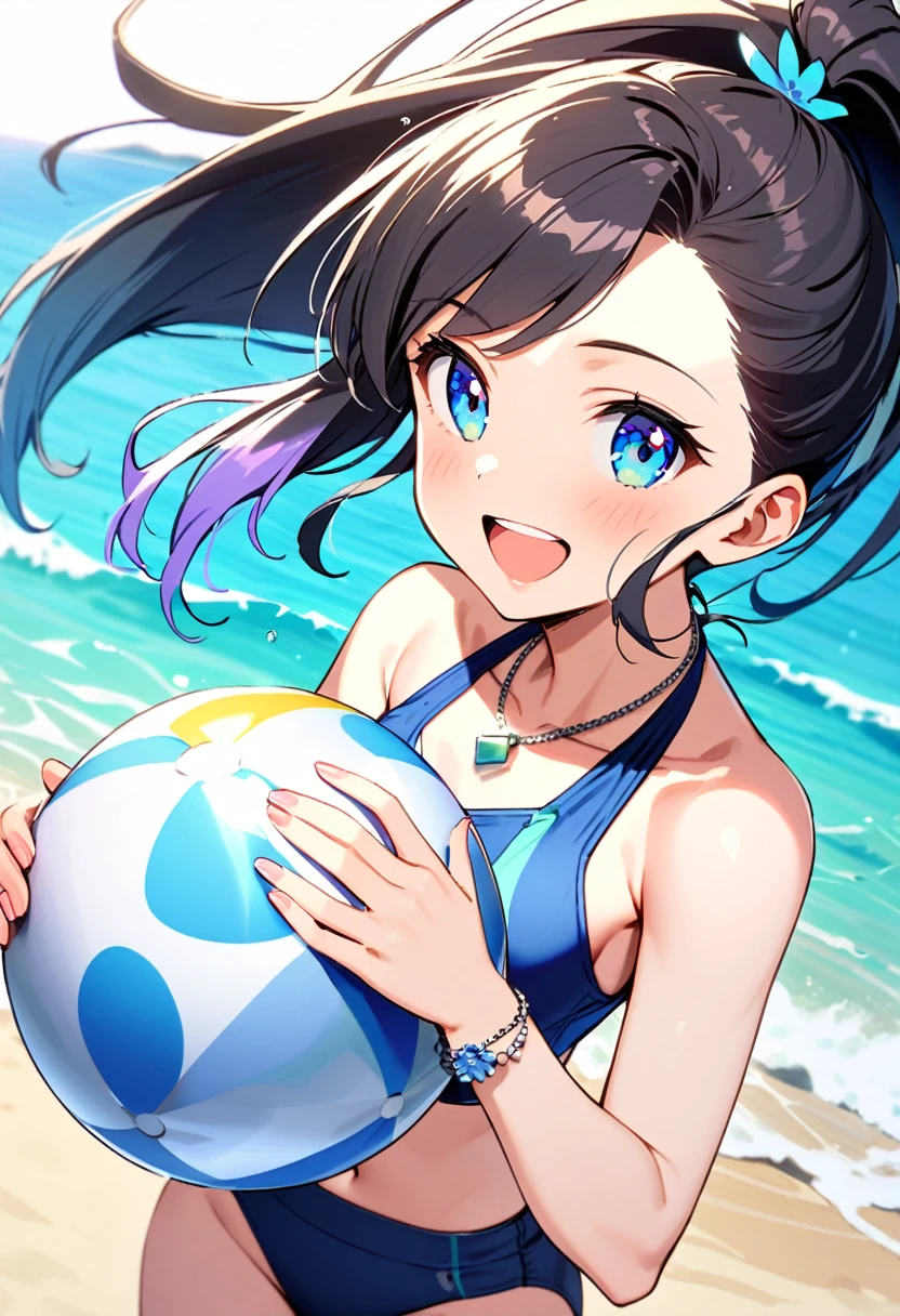 A woman, 19-years-old, solo, Caucasian, black hair, cyan hair, gradient hair, multicolored hair, ponytail, two-tone hair, blue eyes, cheerful smile, mature face, dark blue swimsuit, midriff, holding a beachball, beach, thin silver necklace, white bracelet, flat stomach, a single blue flower in her hair