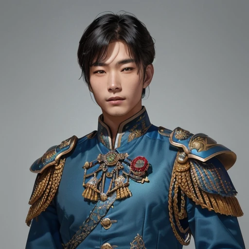 A close up of a handsome Asian man in blue steampunk armor as an Imperial Guard, artificer infusions, standing in front of a Victorian mansion