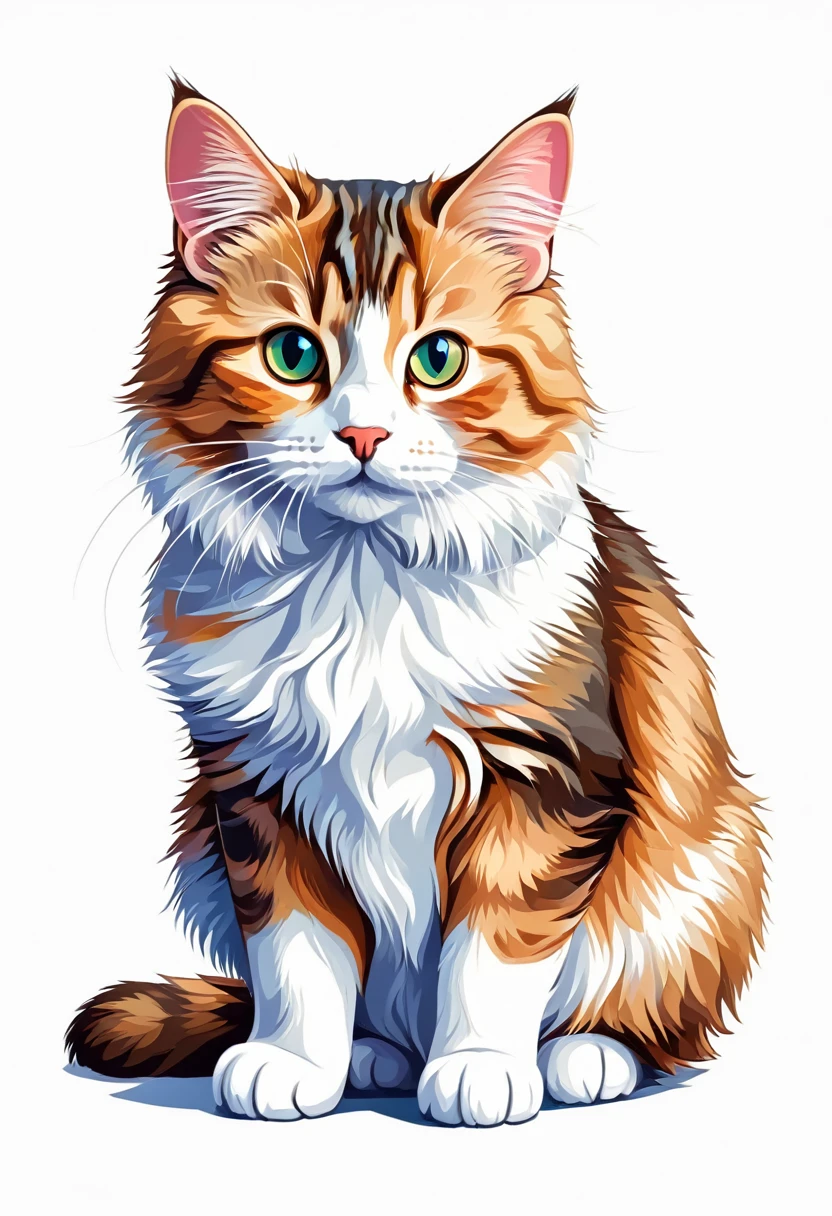A t-shirt with graphic design art, flat illustration of a cat breed Kurilian Bobtail, cuddly, colorful tones, highly detailed cleanliness, imagem vectorial, photorealistic masterpiece, professional photograpy, plain white background, isometric, Vibrant, vector