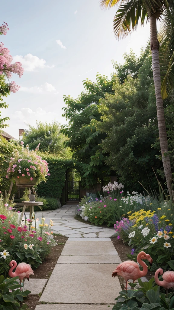 Summer garden with bright flowers, ha background of pink flamingos