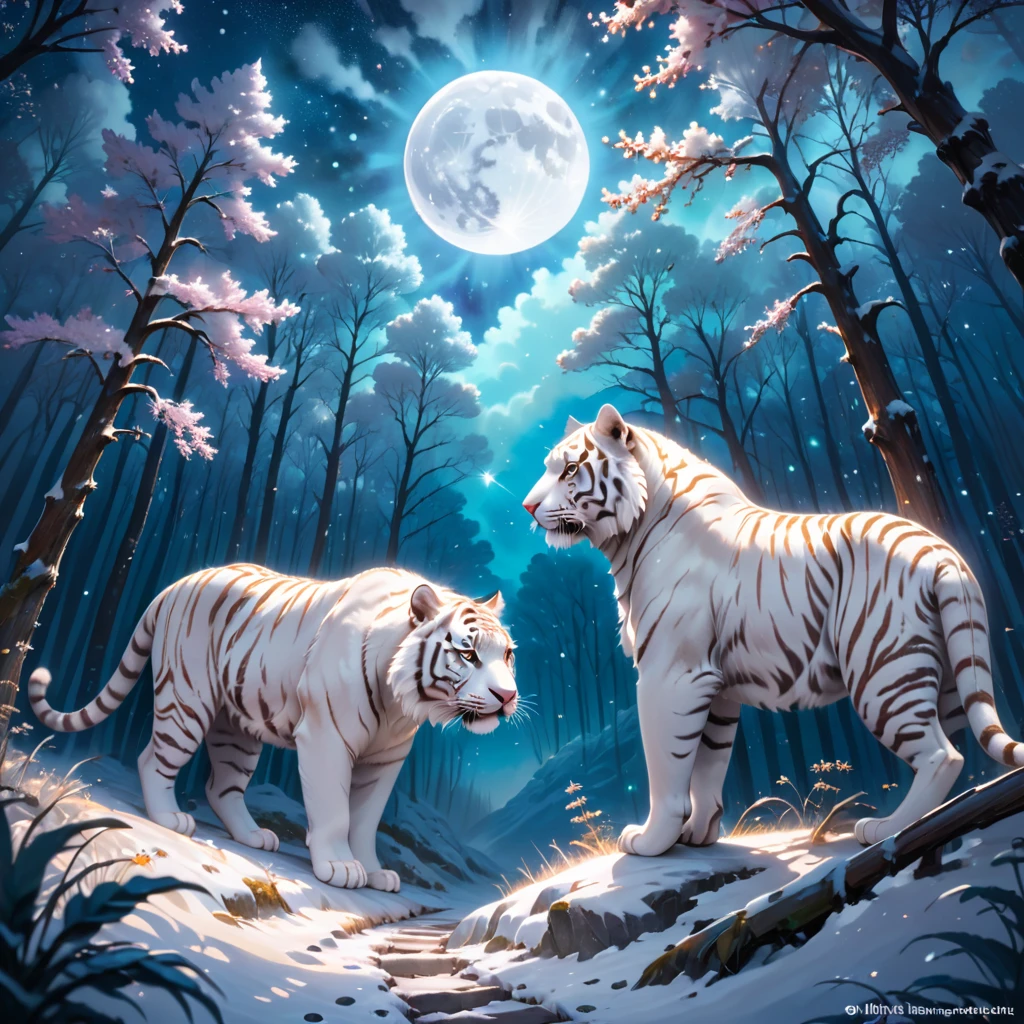 extensive landscape photography (a view from below showing the sky above and an open forest below), a white tiger on a path looking at the landscape, white siberian tiger, full fur, white fur (particle of light around of the tiger), toffu fur, night scenery, (full moon: 1.2), (shooting stars: 0.9), (nebula: 1.3), (warm light source: 1.2), (Firefly: 1.2), ( snowflake: 1.0), (snow on tree) (masterpiece: 1.2), (best quality), 4k, ultra detailed, (dynamic composition: 1.4), very detailed and colorful details, (iridescent colors: 1 ,2), (bright lighting, ambient lighting), dreamy, magical, (alone: ​​1,2)