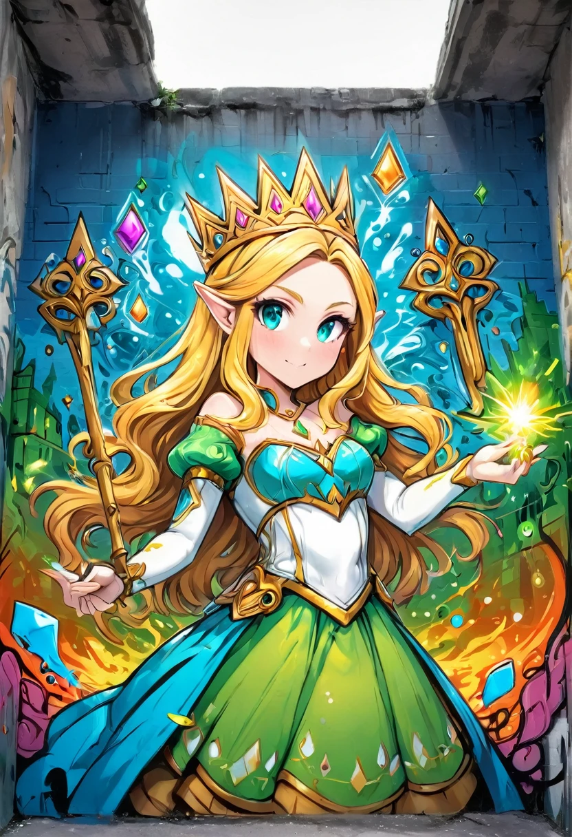 aa graffiti painting art on the wall of the castle of Princess Zelda on the wall of a castle, ,Princess Zelda (intense details, Masterpiece, best quality: 1.5), wearing intricate green dress, delicate diamond crown, ultra detailed face, ultra feminine, fair skin, exquisite beauty, gold hair, long hair, wavy hair, small pointed ears, dynamic eyes color, wearing heavy green and white armor, shinning metal, armed with elven sword, ais-graffiti, chumbasket art style, graffiti art
