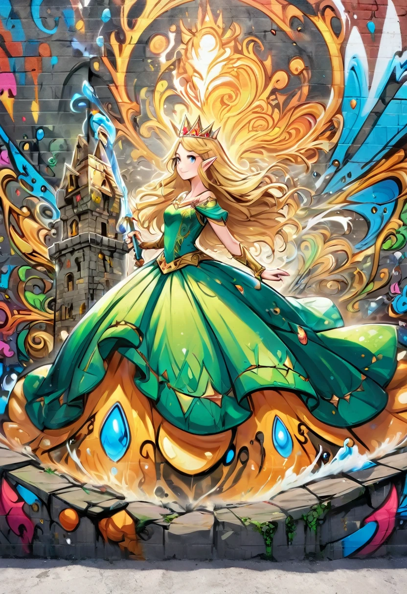 aa graffiti painting art on the wall of the castle of Princess Zelda on the wall of a castle, ,Princess Zelda (intense details, Masterpiece, best quality: 1.5), wearing intricate green dress, delicate diamond crown, ultra detailed face, ultra feminine, fair skin, exquisite beauty, gold hair, long hair, wavy hair, small pointed ears, dynamic eyes color, wearing heavy green and white armor, shinning metal, armed with elven sword, ais-graffiti, chumbasket art style, graffiti art
