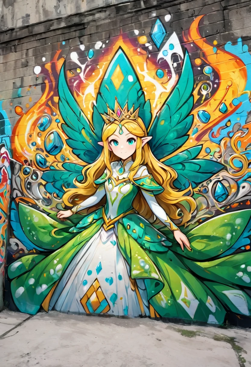 aa graffiti painting art on the wall of the castle of Princess Zelda on the wall of a castle, ,Princess Zelda (intense details, Masterpiece, best quality: 1.5), wearing intricate green dress, delicate diamond crown, ultra detailed face, ultra feminine, fair skin, exquisite beauty, gold hair, long hair, wavy hair, small pointed ears, dynamic eyes color, wearing heavy green and white armor, shinning metal, armed with elven sword, ais-graffiti, chumbasket art style, graffiti art
