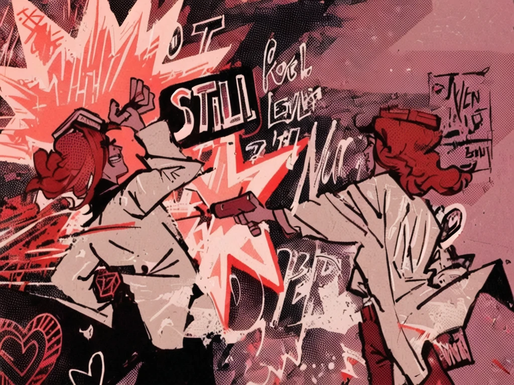 Graffiti on a wall with a man holding a sign and a woman holding a microphone., still animated, in the style of Sachin Teng, cowboy bebop art style, Hyper detailed illustration, stylized graphic novel, Kill the prey illustration, akira&#39;s art style, Sachin Teng, video game still, amazing detailed art style, very coherent stylized artwork, stylized comic art, still animation