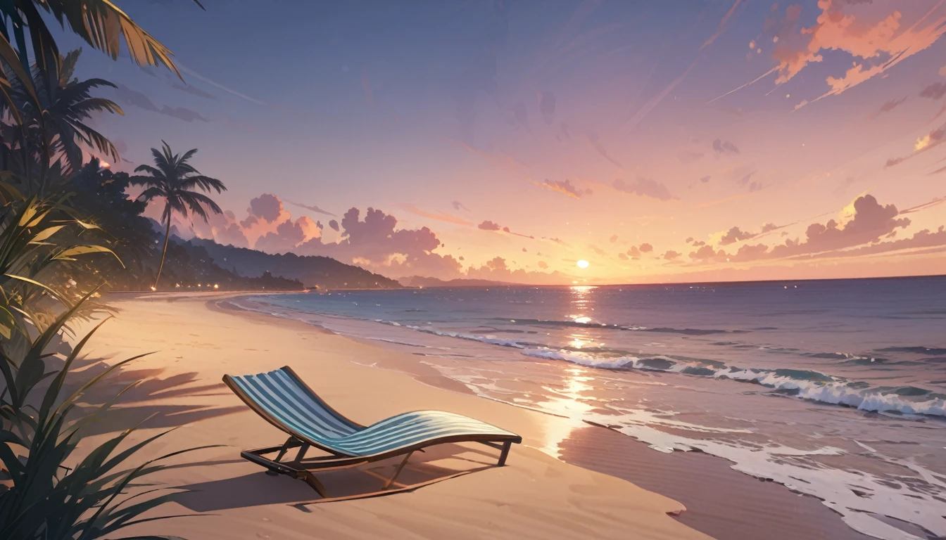 , no humans, , masterpiece, highest quality,, detailed description,, relaxing,evening,Ocean,Sandy Beach