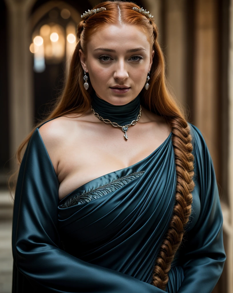 Foto RAW, Sansa Stark, Extremely gorgeous lady, Sansa Stark PLAYED BY Sophie Turner, Full figured woman, heavy physique, voluptuous, curvy, Full figured lady, thick fleshy figure, bulky figure, Queen Sansa Stark, she a mature woman now, milf, sexy mediaeval battle dress, gladiator woman, body, 45 years old Woman, body revealing costumes, perky breast, alluring figure, big natural breast, mediaeval costumes, mediaeval queen dress, erotic costumes, lusty physique, seductive figure can capture every people's attention, Game of thrones costumes, revealing captivating figure, Mediaeval costumes, revealing clothes, A tomboy, she would rather fence than dance, warrior queen , game of thrones screen caps, Game of Thrones Series, (pele altamente detalhada: 1.2), 8k UHD, DSLR, soft-lighting, alta qualidade, grain of film, Fujifilm XT3