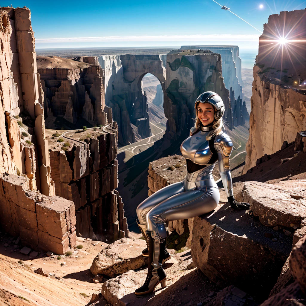 At the top of the mountain and on the edge of the cliff, a muscular blonde woman, with huge ass, showing big breasts, wearing white spacesuit, wearing titanium cyborg style boots, Looking and smiling at the camera, Beautiful feet, showing full body. Under the cliff, Four spaceships slowly emerge from the ruins of a desolate city built in the desert, Going to the stars, cinematic lighting, Glow Up, anáglifo, optical illusion, From  above, atmospheric perspective, ultra HD