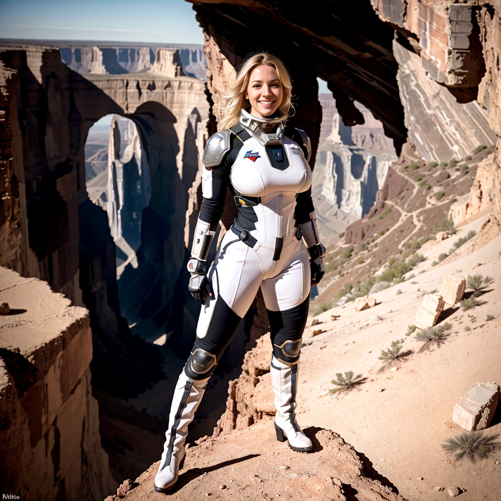 At the top of the mountain and on the edge of the cliff, a muscular blonde woman, with huge ass, showing big breasts, wearing white spacesuit, wearing titanium cyborg style boots, Looking and smiling at the camera, Beautiful feet, showing full body. Under the cliff, Four spaceships slowly emerge from the ruins of a desolate city built in the desert, Going to the stars, cinematic lighting, Glow Up, anáglifo, optical illusion, From  above, atmospheric perspective, ultra HD