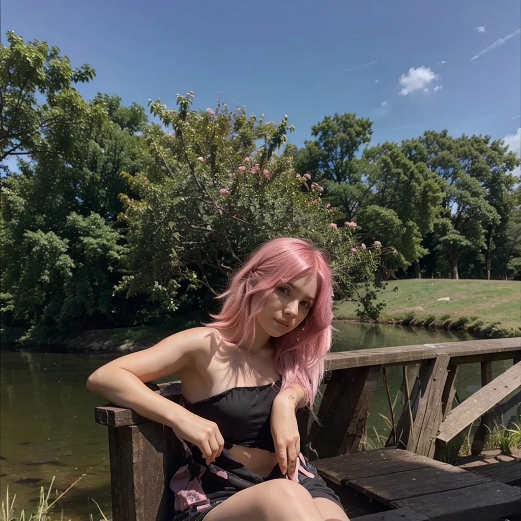 25-year-old girl with shoulder-length messy hair pink, pink hair