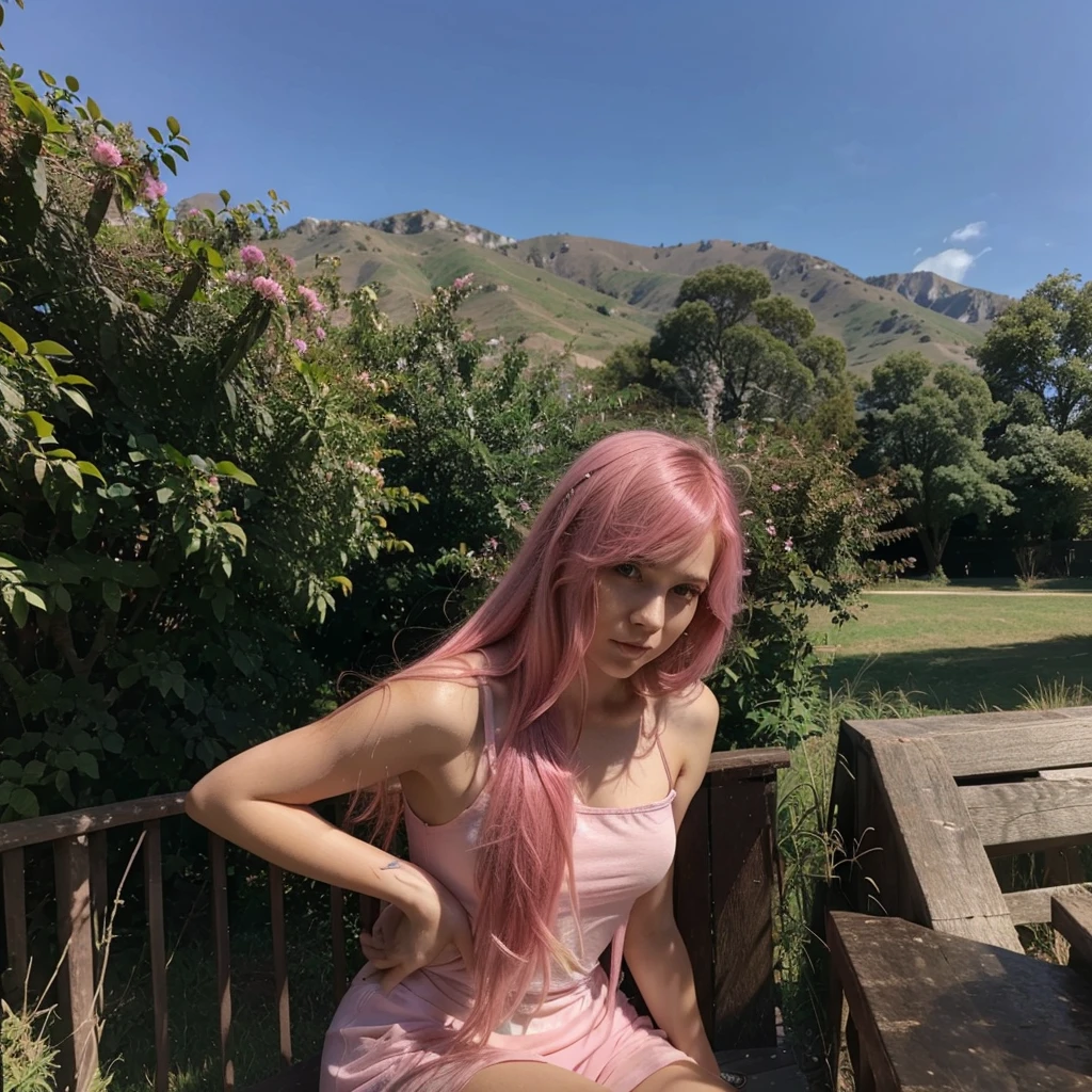 25-year-old girl with shoulder-length messy hair pink, pink hair