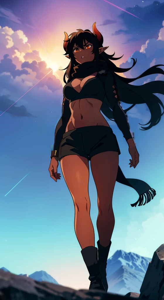 (1girl ,25s,adult,mature female),long hair, black hair,horns,elf ears,((black scarf)),cleavage,(((dark skin))),(black sports bra,black sports, shorts, midriff),angry,walking,from below, montains,lightnings,thunders,night,stars,thunder clouds,leather boots,