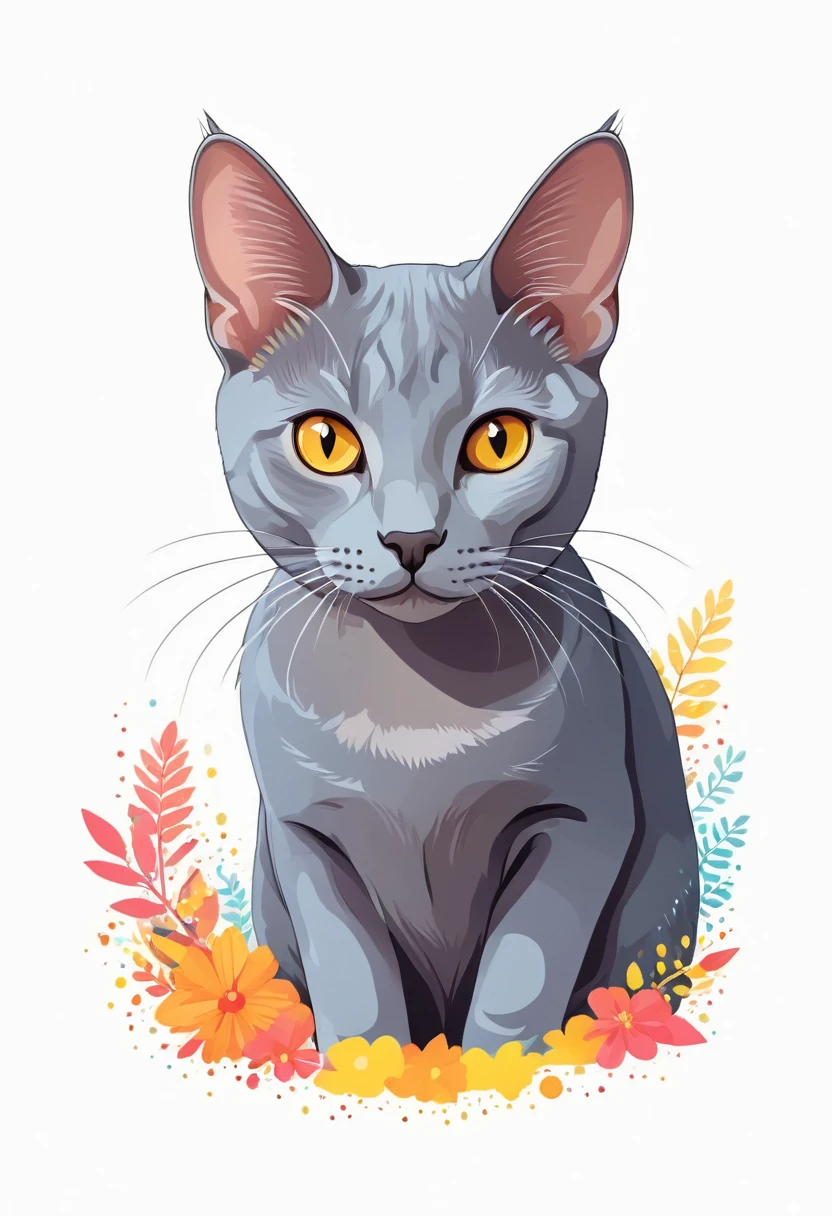 A t-shirt with graphic design art, flat illustration of a Korat breed cat,  cuddly, colorful tones, highly detailed cleanliness, imagem vectorial, photorealistic masterpiece, professional photograpy, plain white background, isometric, Vibrant, vector