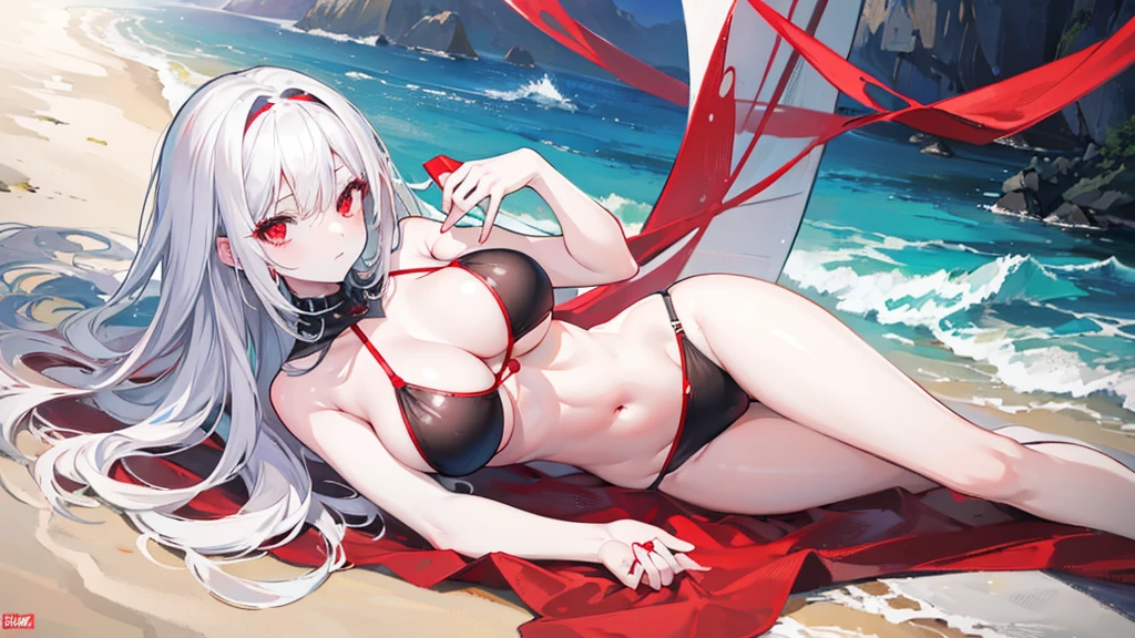 1 girl, white skin, silver hair, red eyes, black bikini, beach, sea, best quality, Line draft, highres, (ultra-detailed:1.1), (illustration:1.1), lying, big breasts,