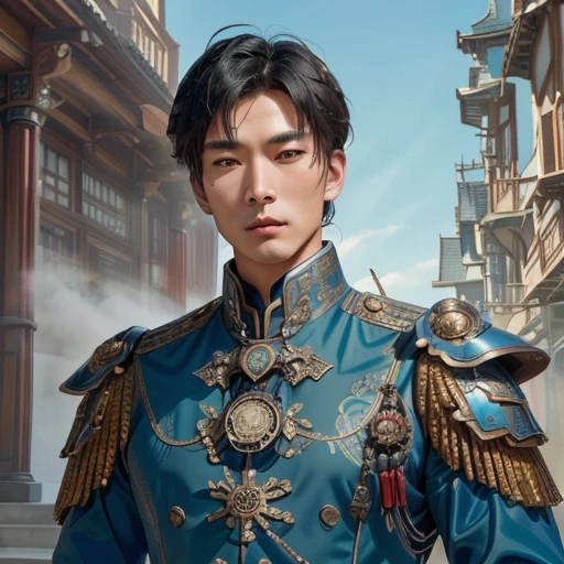 A close up of a handsome Asian man in blue steampunk armor as an Imperial Guard, artificer infusions, standing in front of a Victorian mansion