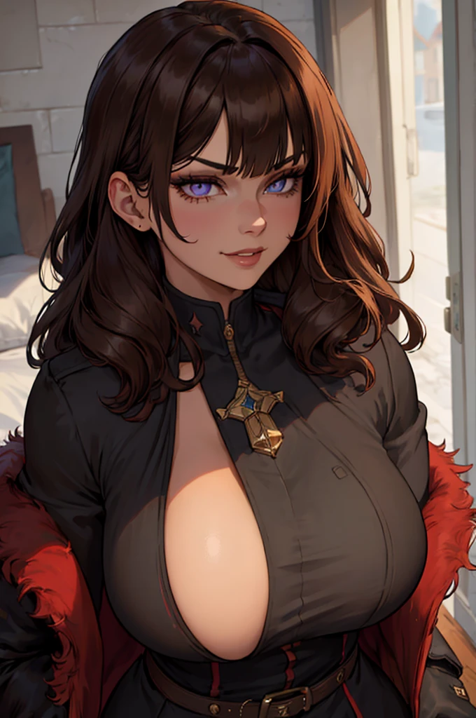 ((Masterpiece)), ((Best Quality)), 1 girl, adult, wide, Big bust, ((Brown hair)), ((intimidating look)), ((close up)), profile picture, black and red clothes, sexy, dark colors, ((coat with fur)), ((wavy fur)), exposed skin, ((pose sexy)), good anatomy, ((dark sage clothing)), ((straight cut bangs)), emotionless, intimidating, ((pretty eyes)), dark background, close up, ((detailed eyes)), ((detailed face)), hair explosion, front look, relaxed, smile, Queen, violet eyes