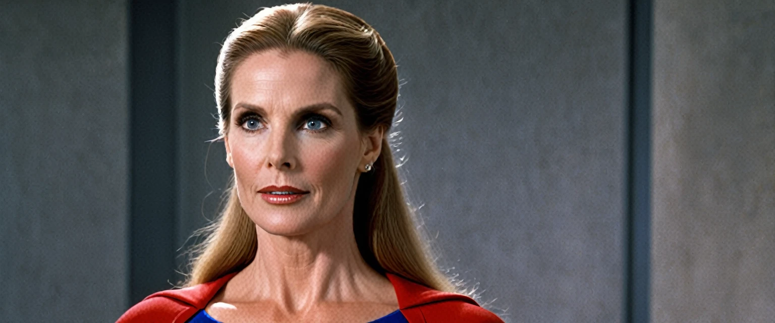 Julie Hagerty Supergirl; HD. Photograph, ((realism)), extremely high quality RAW photograph, ultra detailed photograph, sharp focus, high resolution, (detailed skin:1,3),high quality, film grain, Fujifilm XT3,Highly Detailed, movie, (Cinematic Photo:1.3) of (Realistic:1.3); 2000s movies